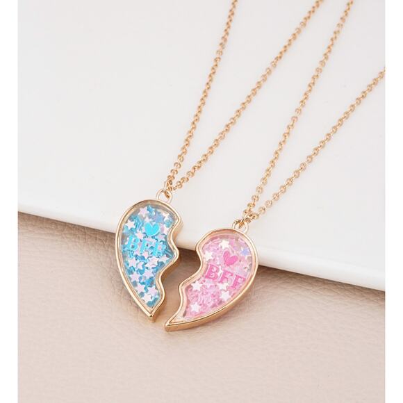 BFF Heart Necklace Set Blue Pink Best Friends Matching Pendant Gold Chain Cute - Picture 1 of 6